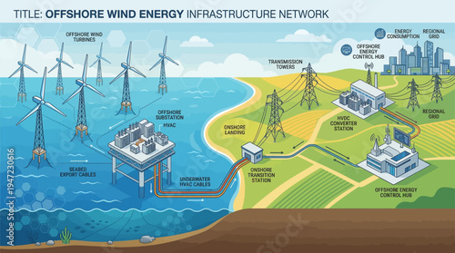 Offshore wind energy infrastructure network illustration.