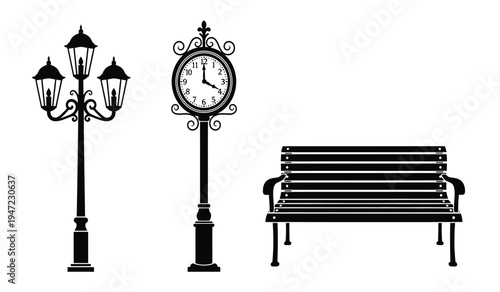 A collection of vintage style street furniture including a lamp post a clock and a park bench