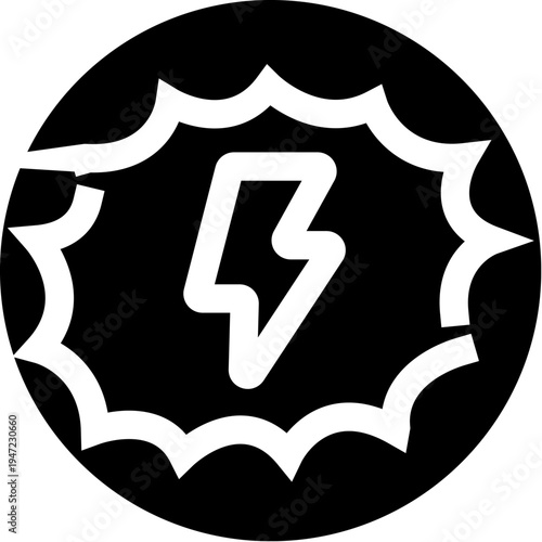 Black and white weather icon depicting a lightning bolt striking within a stylized explosive bubble shape, contained within a dark circle, conveying concepts of storms and strong energy