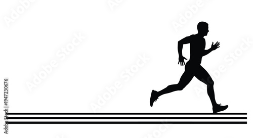 Silhouette of a man running dynamically against a white background with speed lines