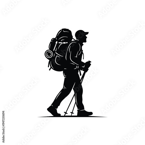 Hiker silhouette with backpack walking with trekking poles