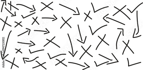 Hand-drawn doodle arrows, checkmarks, and 'X' symbols, a versatile graphic collection conveying direction, choice, approval, and rejection for visual design