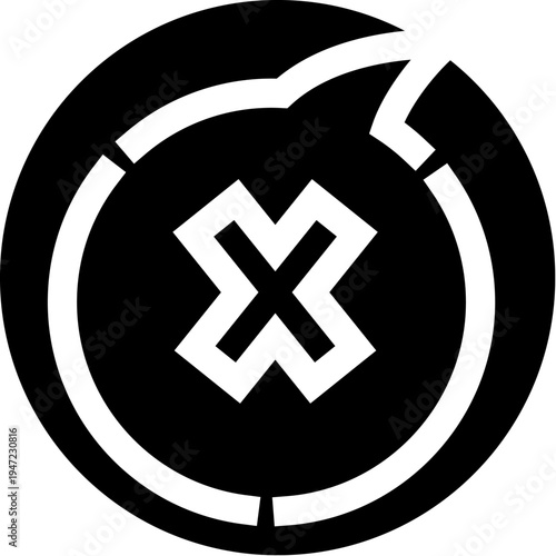 Error symbol with an x mark finding itself within a segmented circle, portraying concepts of cancellation, deletion, and incorrectness in a clean, bold, black and white graphic design