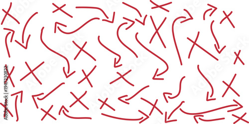 Abstract pattern of vibrant red hand-drawn 'X' marks and dynamic arrows, conveying concepts of choice, rejection, direction, and playful correction on a clean white background