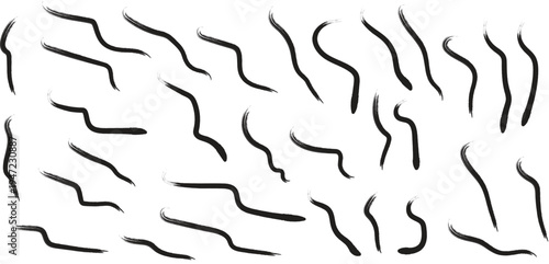 Dynamic collection of abstract black wavy lines and irregular hand-drawn strokes, perfect for modern graphic design backgrounds, artistic overlays, or decorative elements