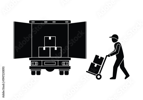 Vector illustration of delivery man with hand truck and truck