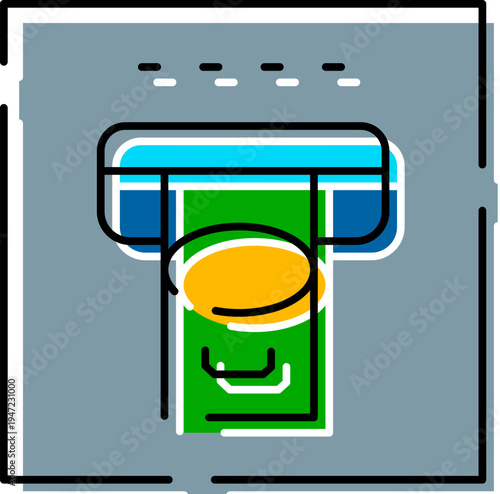 Automatic teller machine performing a money withdrawal transaction, showing a bill exiting the slot, representing modern banking convenience and financial access