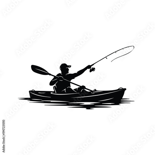 Man fishing from kayak, outdoor activity silhouette vector illustration