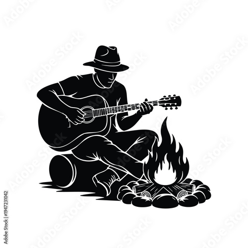 Man playing guitar by campfire in wilderness silhouette illustration