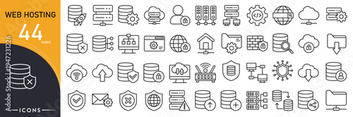 Web hosting related icon collections. Containing server, cloud, domain, website, data center, uptime, bandwidth, storage, hosting plan, and security icons. Outline icons.
