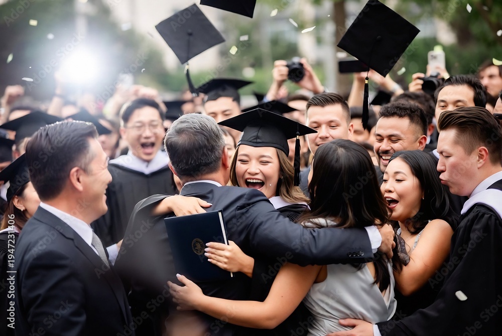 Obraz premium Graduates celebrating with loved ones at a graduation ceremony.