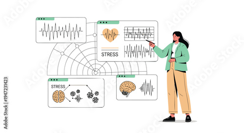 Vector illustration of woman presenting brain wave and stress infographics
