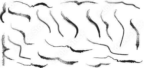 Curated collection of expressive black brush strokes and textured ink marks, conveying a raw, hand-drawn aesthetic for artistic design and creative graphic projects