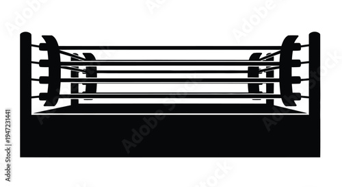 Black and white illustration of a boxing ring with ropes and corner posts
