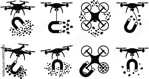 A collection of drone silhouettes using U-shaped magnets to attract and collect small particles, illustrating magnetic drone applications.