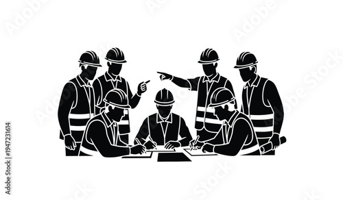 A silhouette illustration of a group of construction workers reviewing architectural blueprints