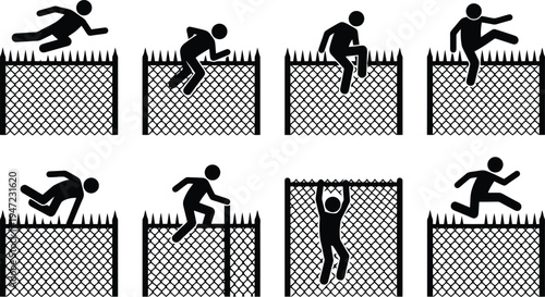 Stick figures demonstrating various ways to climb, jump, or cross a spiked fence, illustrating overcoming obstacles.