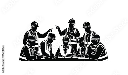 A group of construction workers collaborating on a project site while wearing safety high visibility