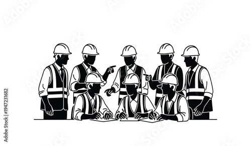 A group of construction workers in safety gear discussing a project plan at a building work site