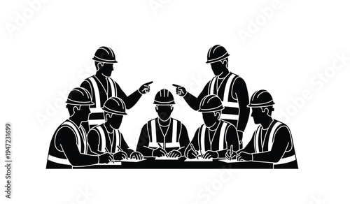 Group of professional construction workers and engineers collaborating on a technical project plan