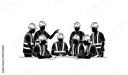 A group of construction workers in hard hats reviewing project plans at a busy worksite together