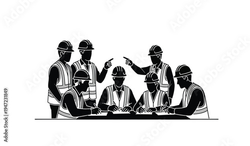 A group of construction workers discussing blueprints at a table during a site planning meeting