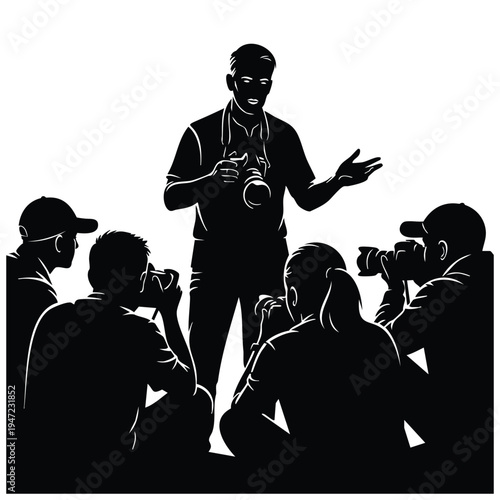 Photographer teaching class silhouette diverse people with cameras listening