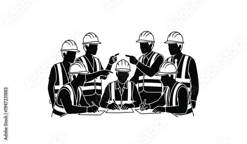 A group of construction workers wearing hard hats and safety vests reviewing blueprints together