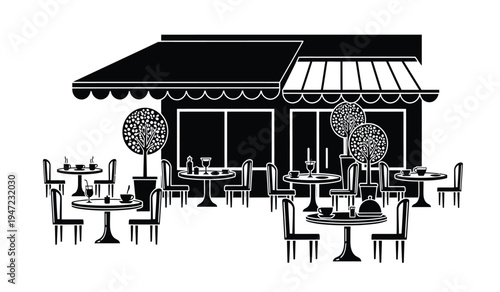 A black and white graphic illustration depicting a charming outdoor sidewalk cafe with seating area