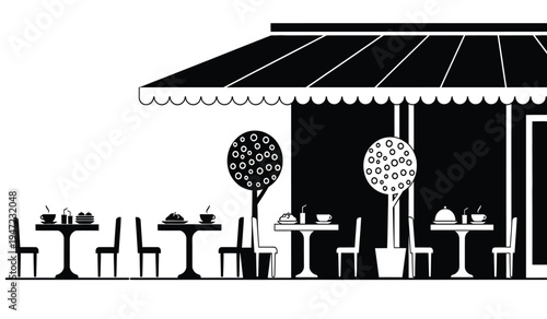 A minimalist black and white graphic illustration of a sidewalk cafe with small tables and chairs