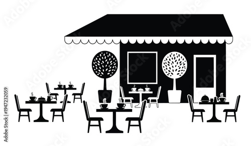 A charming street cafe with outdoor seating and decorative potted trees under a striped awning