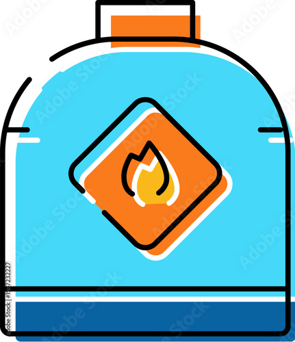 Portable gas cylinder with bold flame warning icon indicating flammable, combustible fuel, symbolizes caution, energy source, heating or cooking use and industrial storage risk and hazard alert