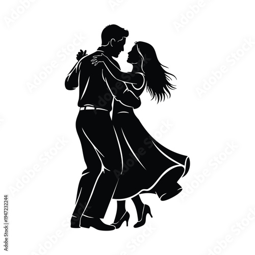 Silhouette couple dancing romantically, elegant ballroom pose, black and white