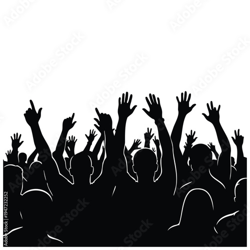 Silhouette audience crowd raising hands at music concert performance