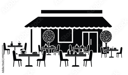 A minimalist black silhouette illustration of a sidewalk cafe with outdoor dining table seating