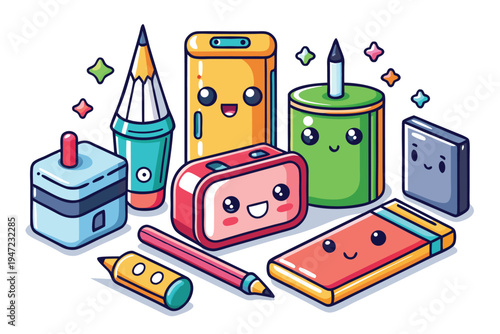 Bright cheerful kawaii style school items like pencils sharpeners and erasers for childrens learning