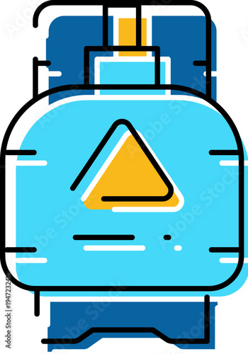 Gas cylinder with warning hazard symbol representing stored fuel and safety for heating or cooking, flat line art pictogram ideal for lpg, propane or fuel storage concepts