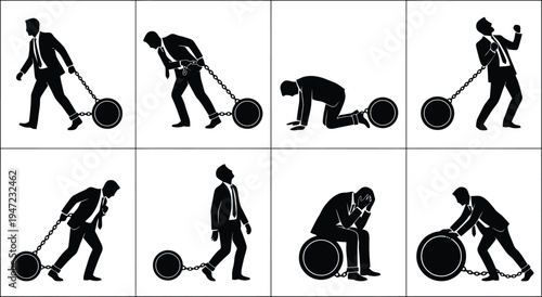 A sequence of a businessman struggling with a heavy burden, depicting exhaustion, stress, and eventual despair.