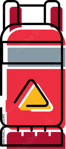 Red industrial gas cylinder or tank with a warning symbol, providing a vital source of fuel and energy for various applications and illustrating safety concerns