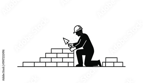 Black and white illustration of a construction worker laying bricks with a metal hand tool trowel