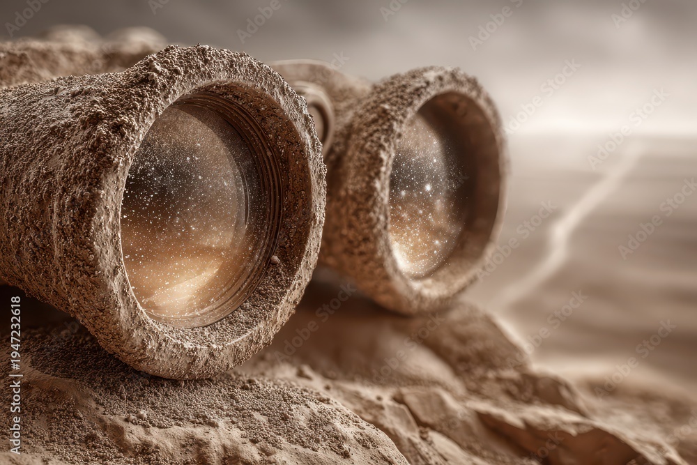 Naklejka premium A pair of antique binoculars lie on sandy terrain, revealing a celestial starscape through their lenses, invoking a sense of exploration and discovery, inviting viewers to imagine new horizons.