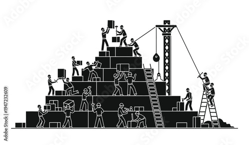A detailed monochromatic silhouette illustration depicting a busy construction site with workers