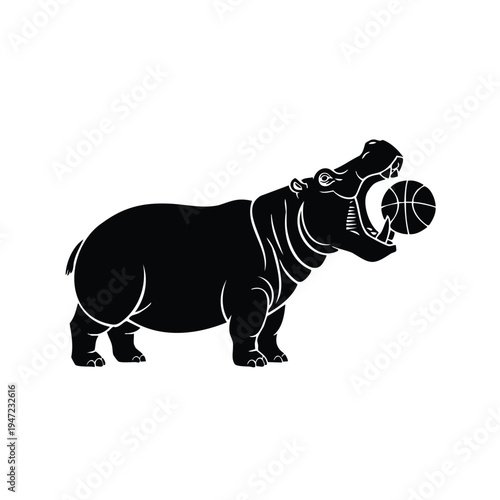 Silhouette of hippopotamus playing basketball with its mouth open