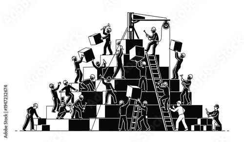 Black and white silhouette illustration of a large group of people building a giant block tower