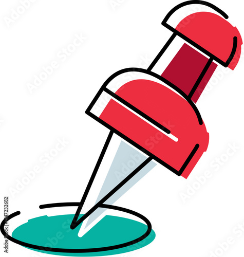 Red pushpin or thumbtack pointing down, marking a specific location or important point on a map, bulletin board, or document, symbolizing navigation, direction, or a chosen destination