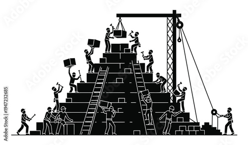 Black and white pixel art illustration of a large ancient pyramid under construction by workers
