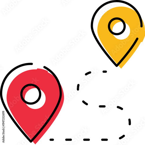 Two colorful geolocation pins connected by a dashed line, representing travel navigation, destination planning, and a pinpointed journey path on a map