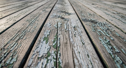 Weathered Wooden Decking with Peeling Paint A Textured CloseUp.