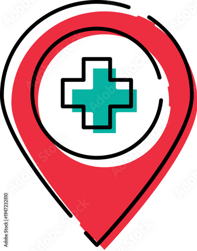 Medical cross symbol appearing on a map pin marker, representing healthcare services location, finding help, and emergency assistance on a digital device application