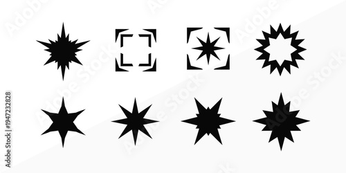 Collection of eight unique black starburst shapes on a white background for design and artistic use